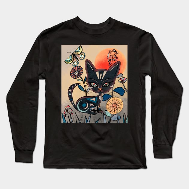 Mid century black cat art Long Sleeve T-Shirt by Shadesandcolor